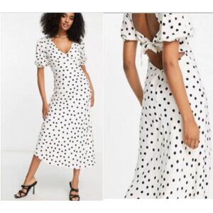Mango Womens V Neckline Sexy Back Polka Dot Midi Dress White Size 0